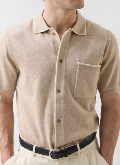 Men's Contrast Trim Knitted Shirt - Cotton - Beige