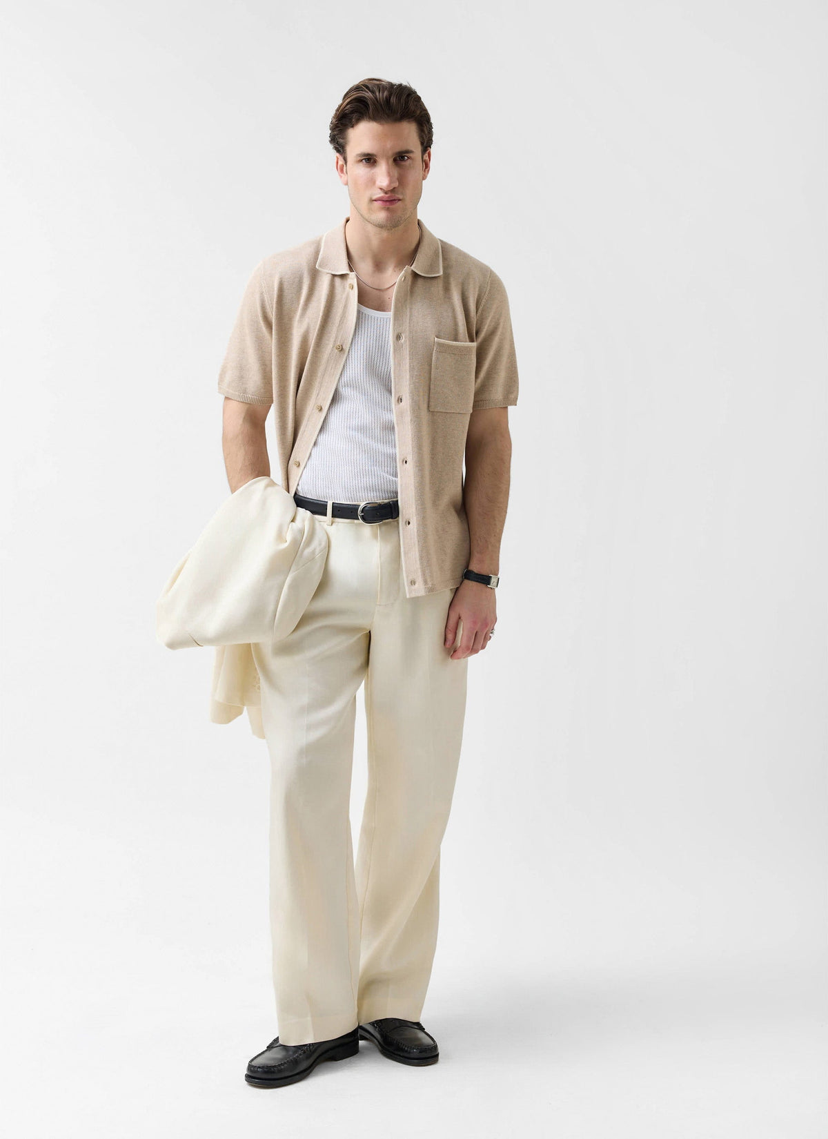 Men's Contrast Trim Knitted Shirt - Cotton - Beige