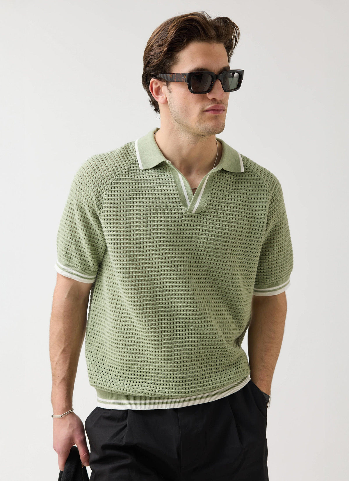 Men's Tennis Knit Polo Shirt - Cotton - Sage Green