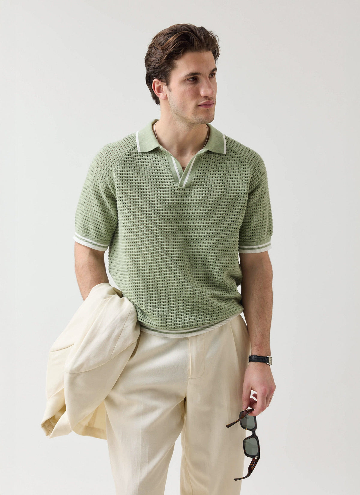 Men's Tennis Knit Polo Shirt - Cotton - Sage Green
