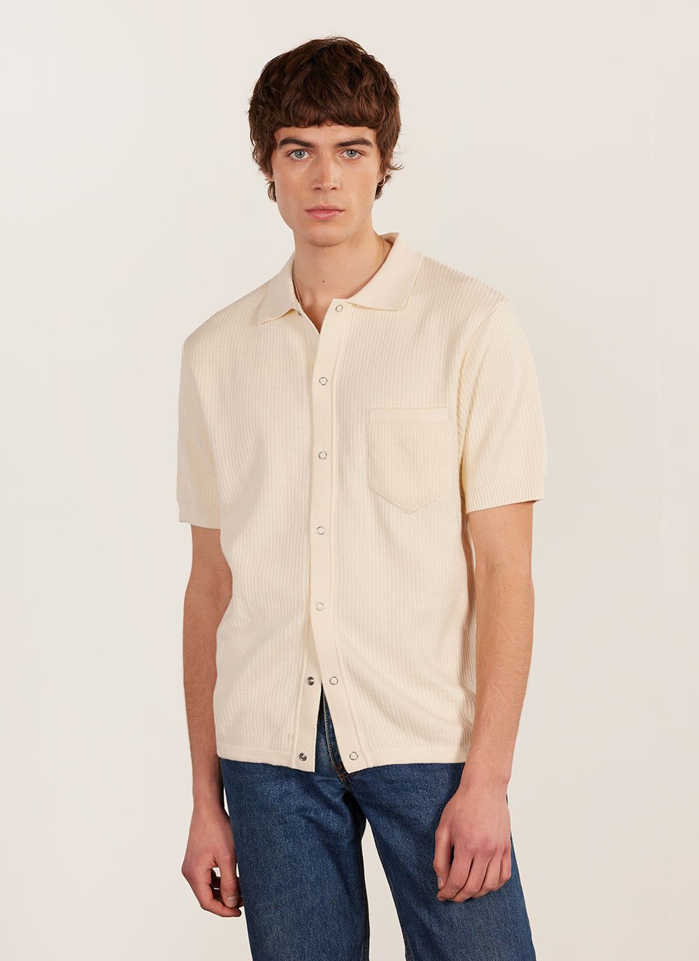 Men's Short Sleeve Knitted Shirt - Cuban Collar - Cream