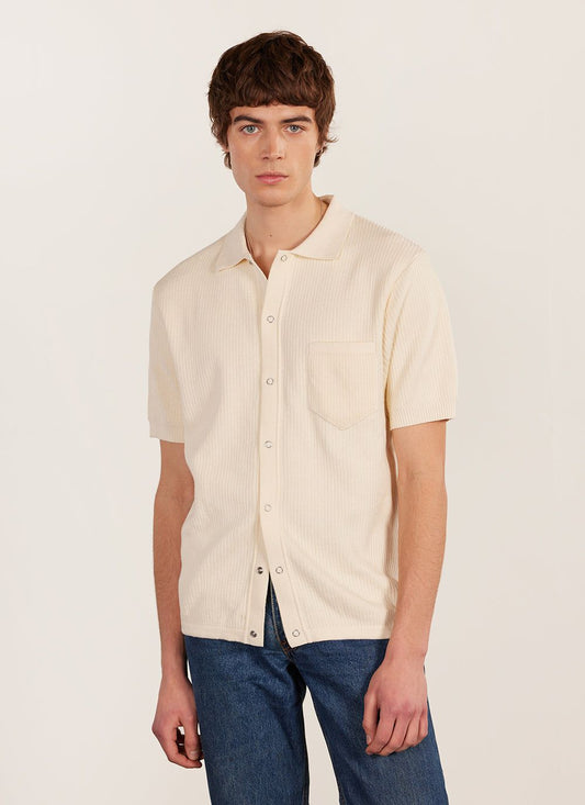 Men's Short Sleeve Knitted Shirt - Cuban Collar - Cream