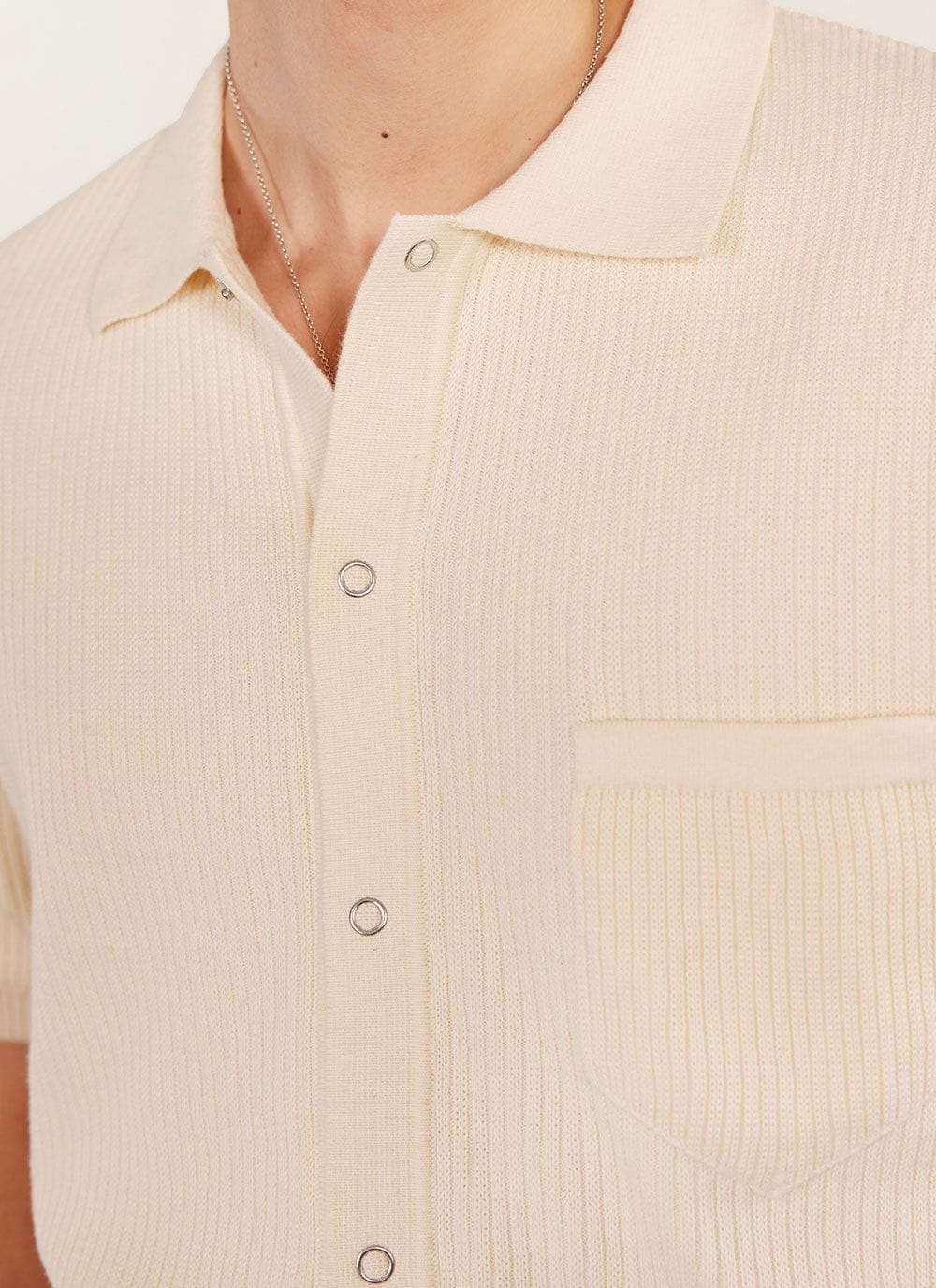 Men's Short Sleeve Knitted Shirt - Cuban Collar - Cream
