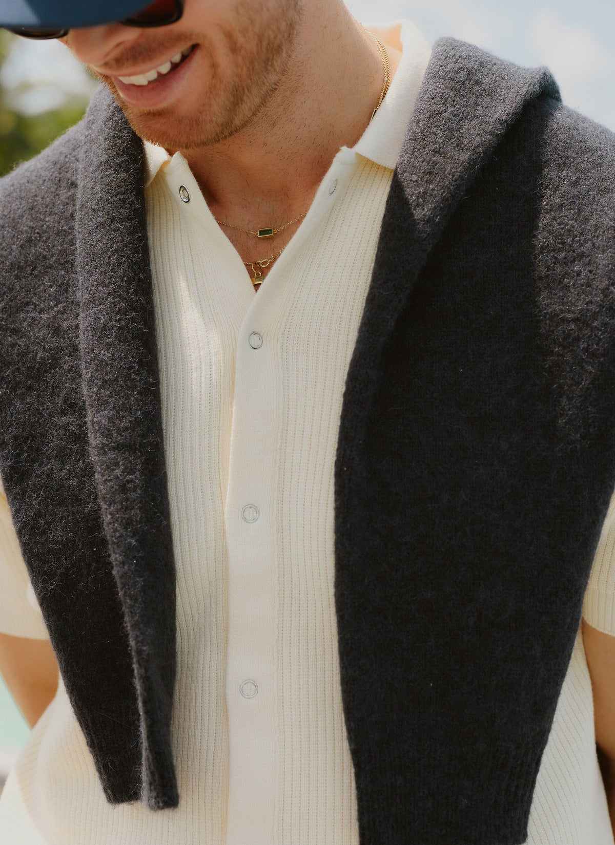 Men's Short Sleeve Knitted Shirt - Cuban Collar - Cream