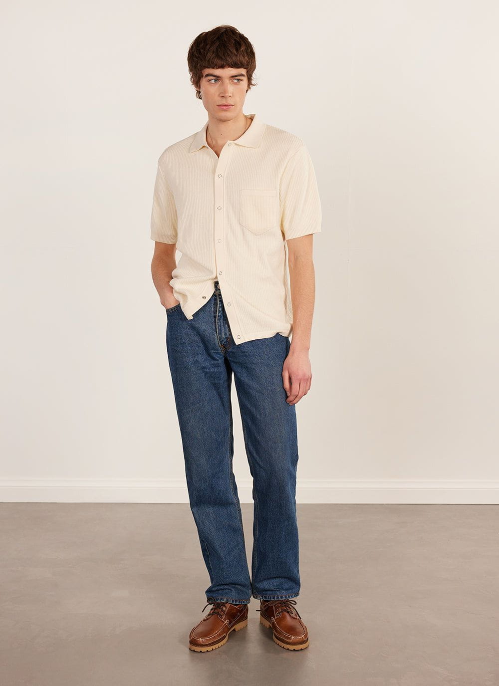 Men's Short Sleeve Knitted Shirt - Cuban Collar - Cream