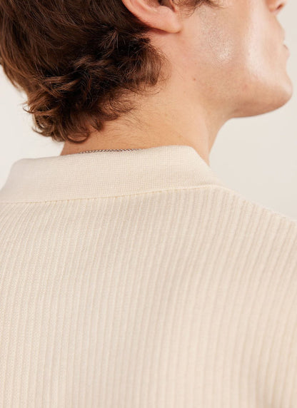 Men's Short Sleeve Knitted Shirt - Cuban Collar - Cream