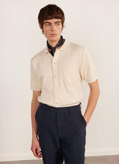 Men's Short Sleeve Knitted Shirt - Cuban Collar - Cream