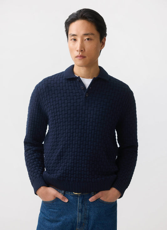 Men's Long Sleeve Knitted Polo Shirt: Archer - Cotton - Navy