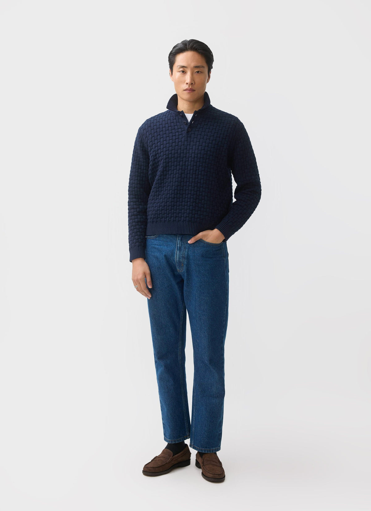 Men's Long Sleeve Knitted Polo Shirt: Archer - Cotton - Navy