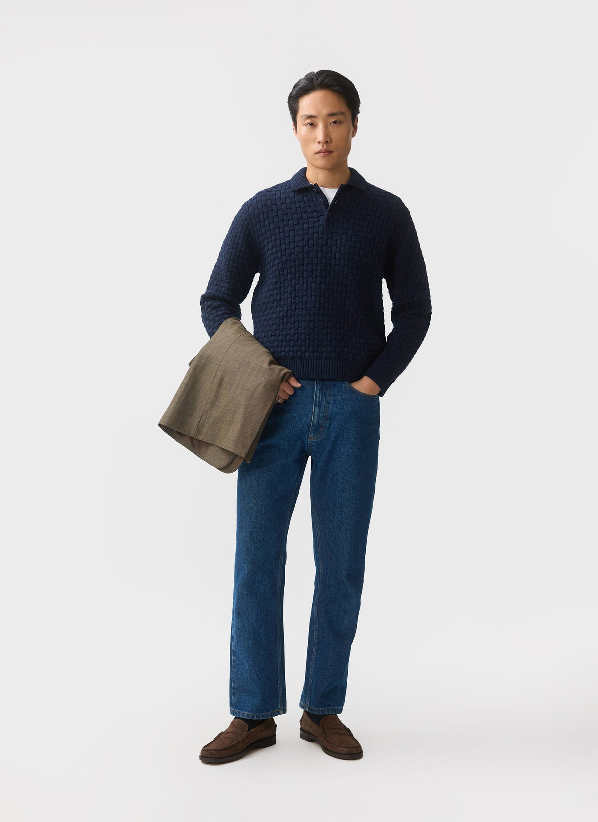 Men's Long Sleeve Knitted Polo Shirt: Archer - Cotton - Navy