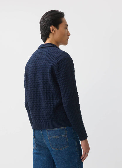 Men's Long Sleeve Knitted Polo Shirt: Archer - Cotton - Navy