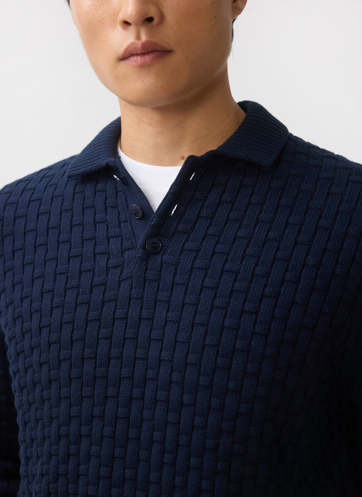 Men's Long Sleeve Knitted Polo Shirt: Archer - Cotton - Navy
