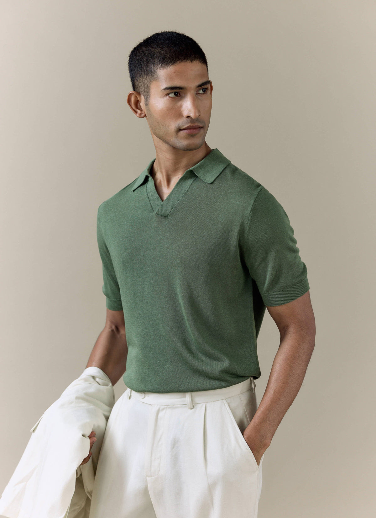 Men's Knitted Polo Shirt: Laurence - Open Collar - Forest Green