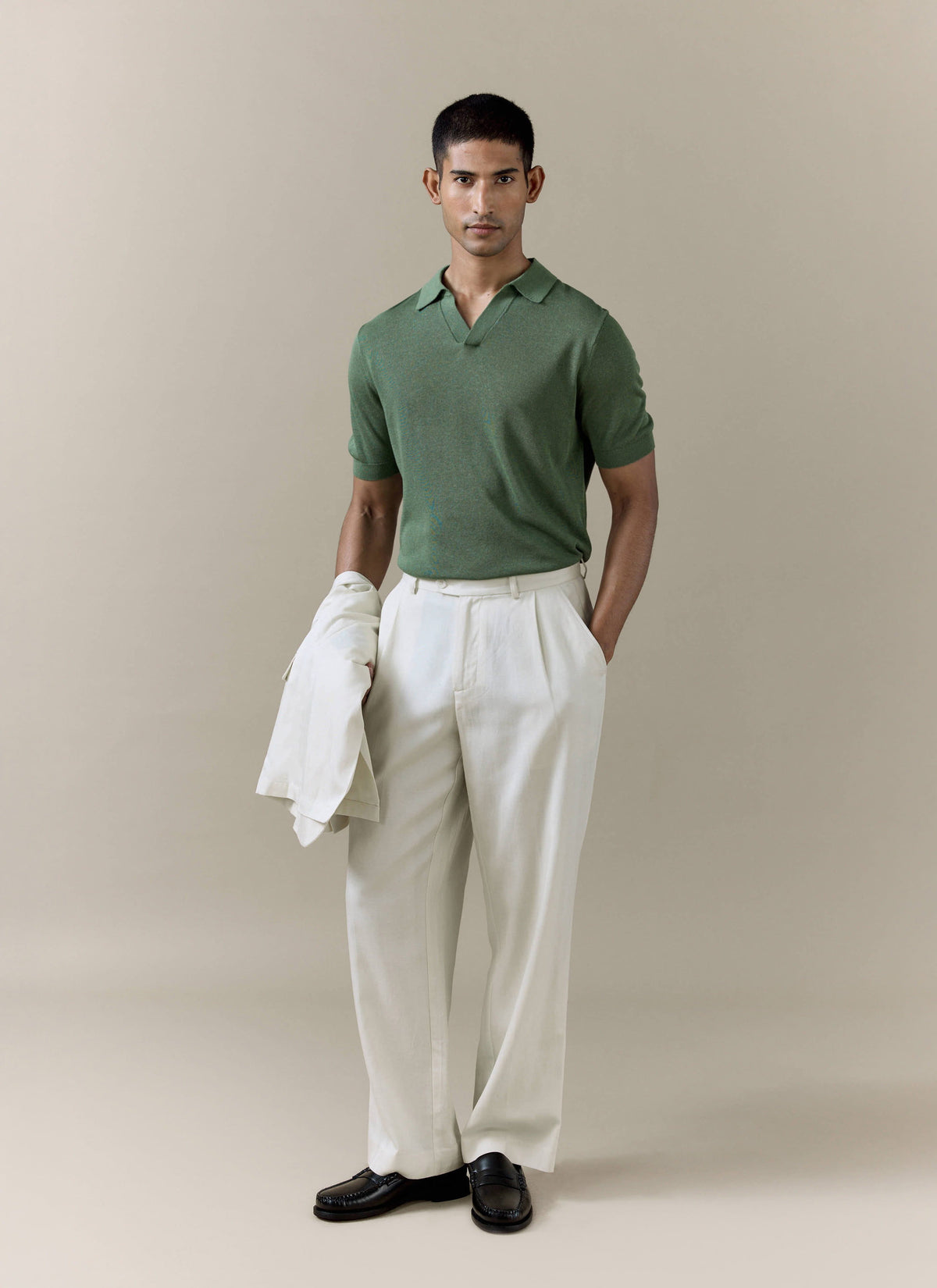 Men's Knitted Polo Shirt: Laurence - Open Collar - Forest Green
