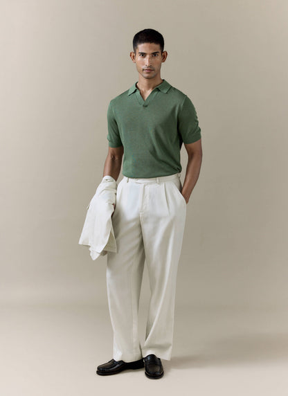 Men's Knitted Polo Shirt: Laurence - Open Collar - Forest Green