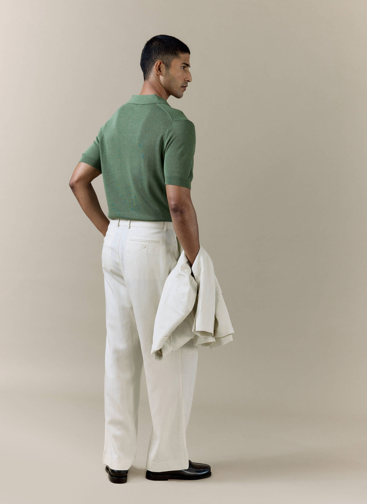 Men's Knitted Polo Shirt: Laurence - Open Collar - Forest Green