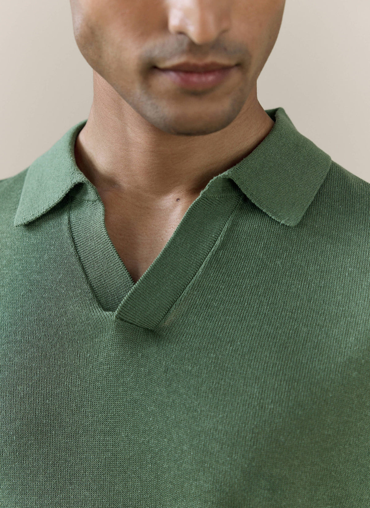 Men's Knitted Polo Shirt: Laurence - Open Collar - Forest Green