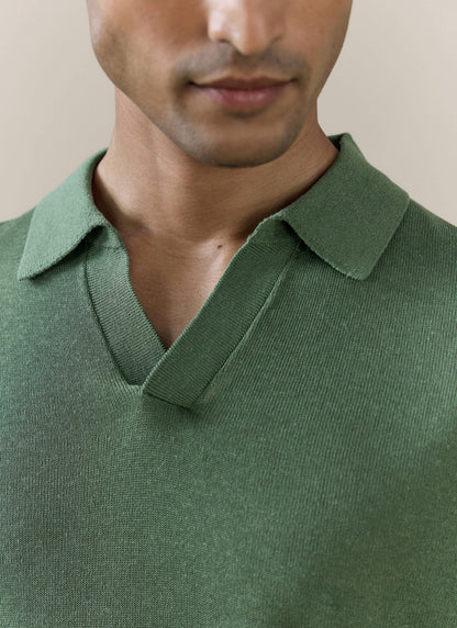 Men's Knitted Polo Shirt: Laurence - Open Collar - Forest Green