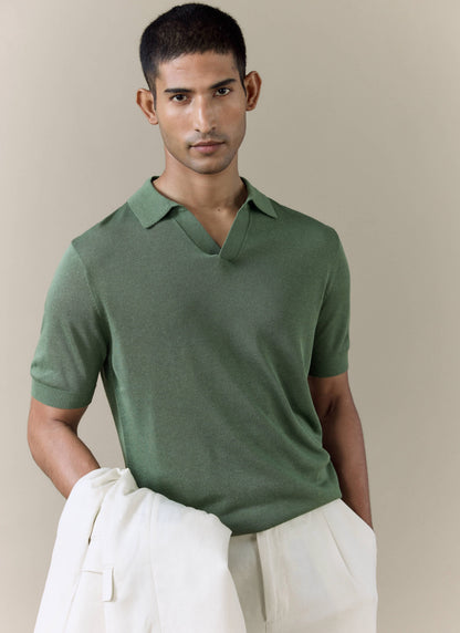 Men's Knitted Polo Shirt: Laurence - Open Collar - Forest Green