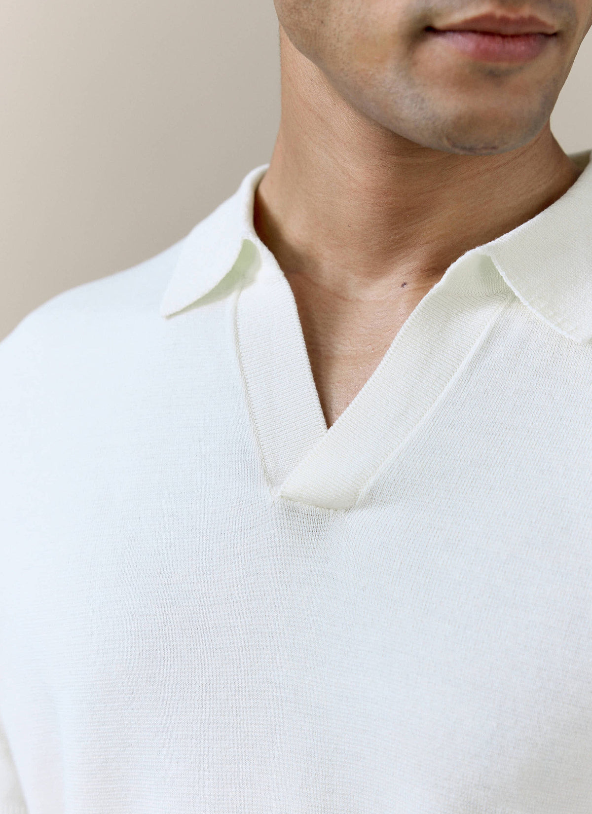 Men's Knitted Polo Shirt: Laurence - Open Collar - Cream