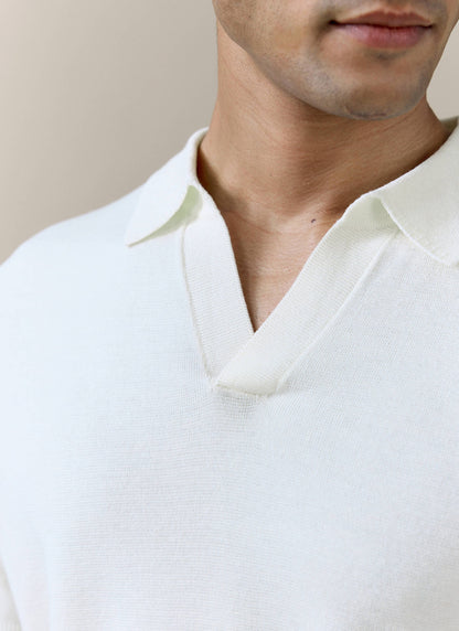 Men's Knitted Polo Shirt: Laurence - Open Collar - Cream