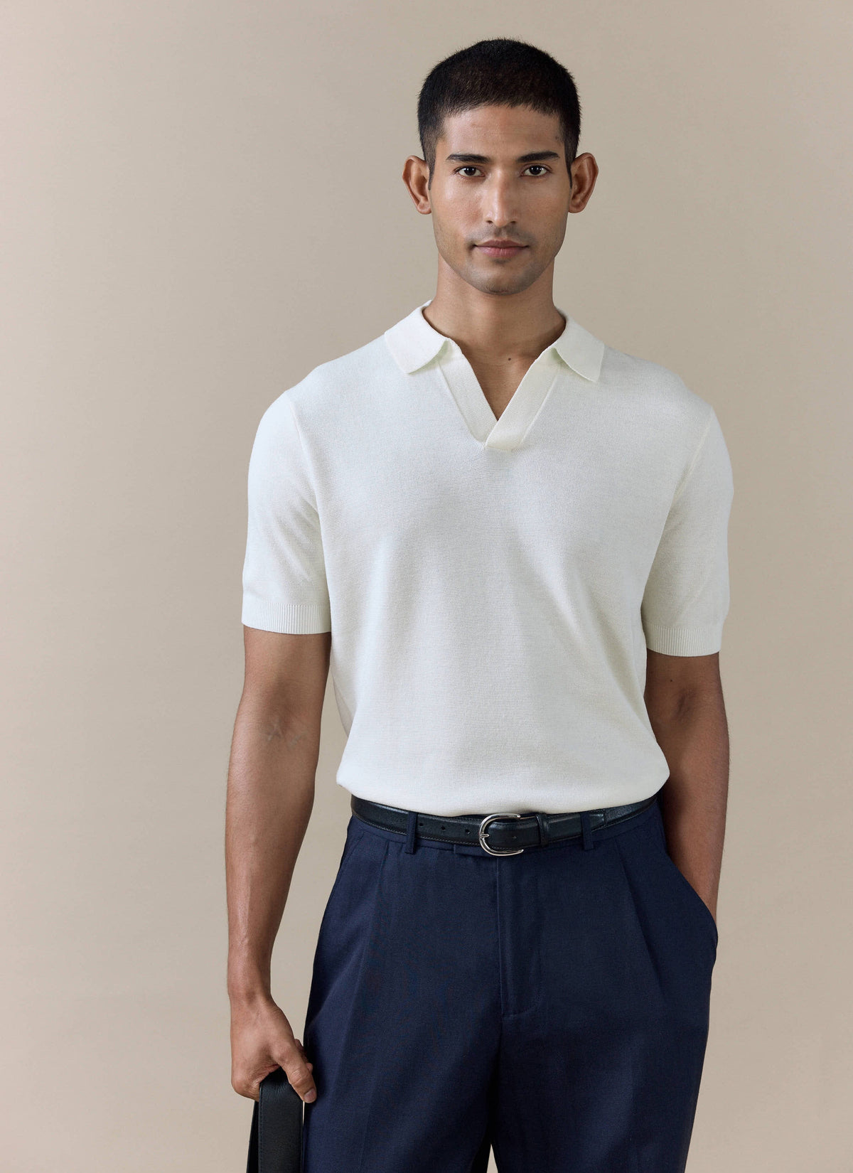 Men's Knitted Polo Shirt: Laurence - Open Collar - Cream