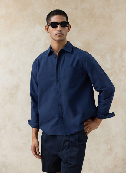Men's Relaxed Fit Poplin Shirt: Dali - Cotton - Navy Blue