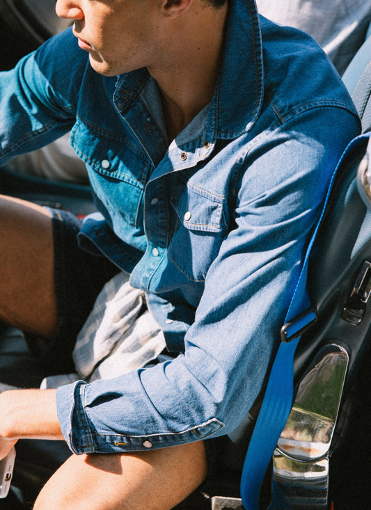 Men's Denim Western Shirt - Cotton - Mid Wash Blue - Percival