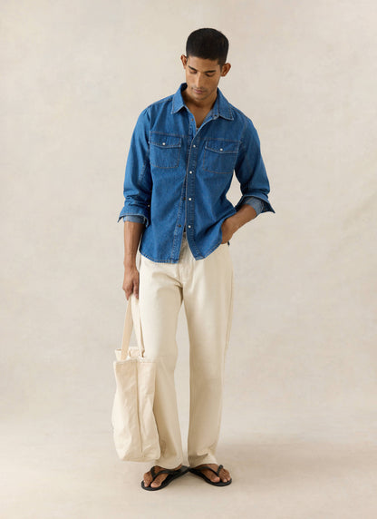 Men's Denim Western Shirt - Cotton - Mid Wash Blue - Percival