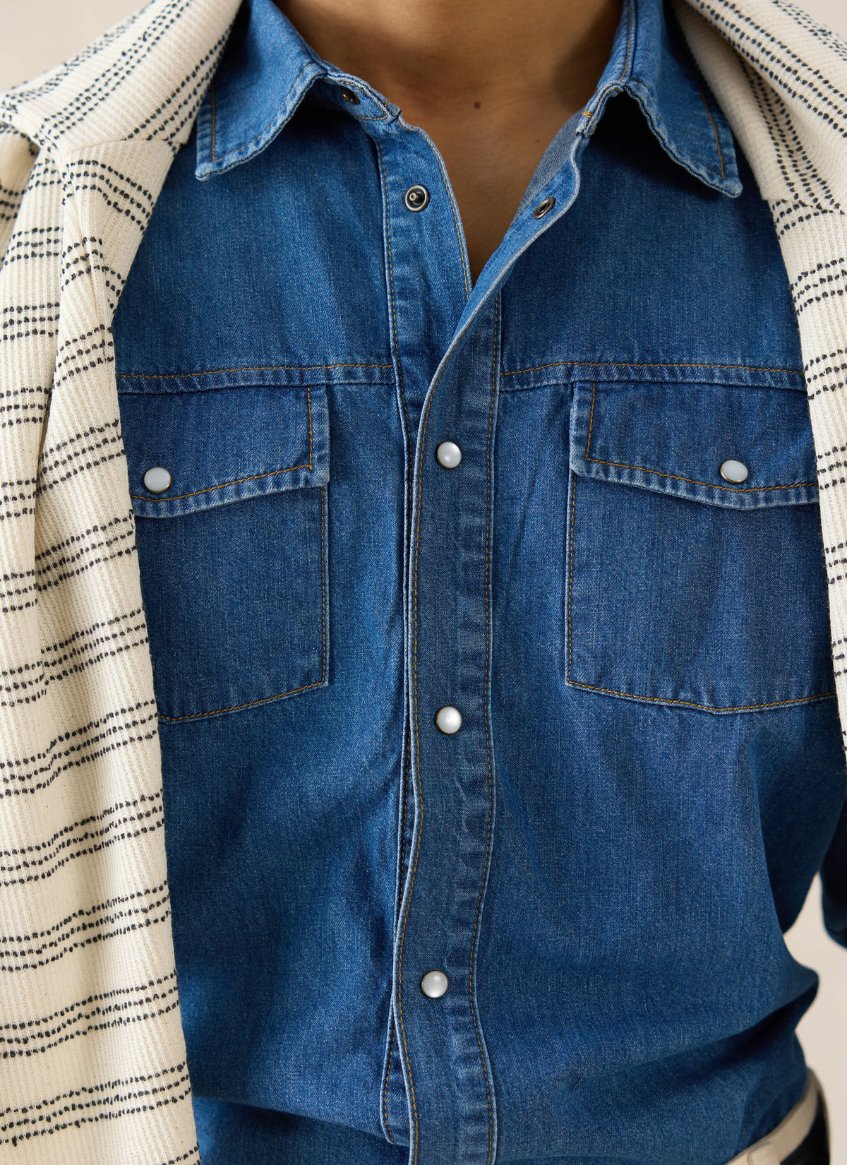 Men's Denim Western Shirt - Cotton - Mid Wash Blue - Percival