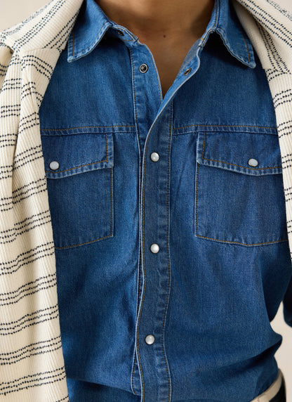 Men's Denim Western Shirt - Cotton - Mid Wash Blue - Percival