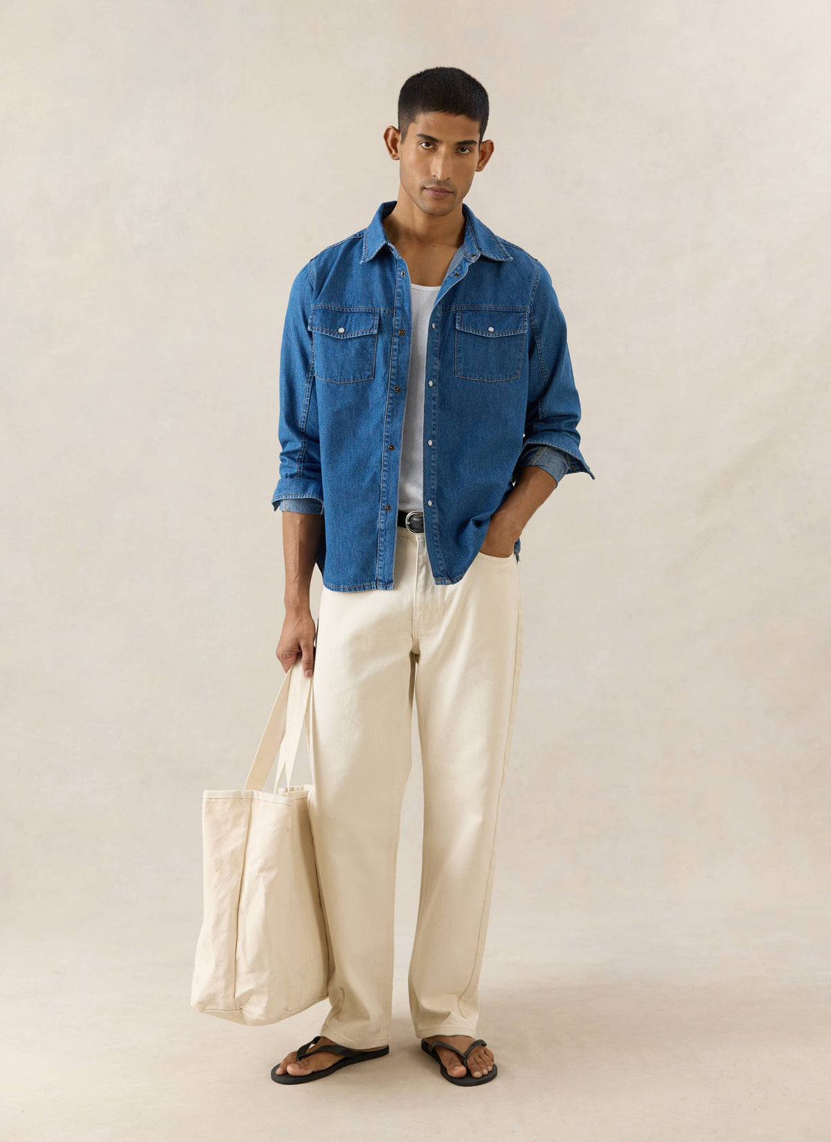 Men's Denim Western Shirt - Cotton - Mid Wash Blue - Percival