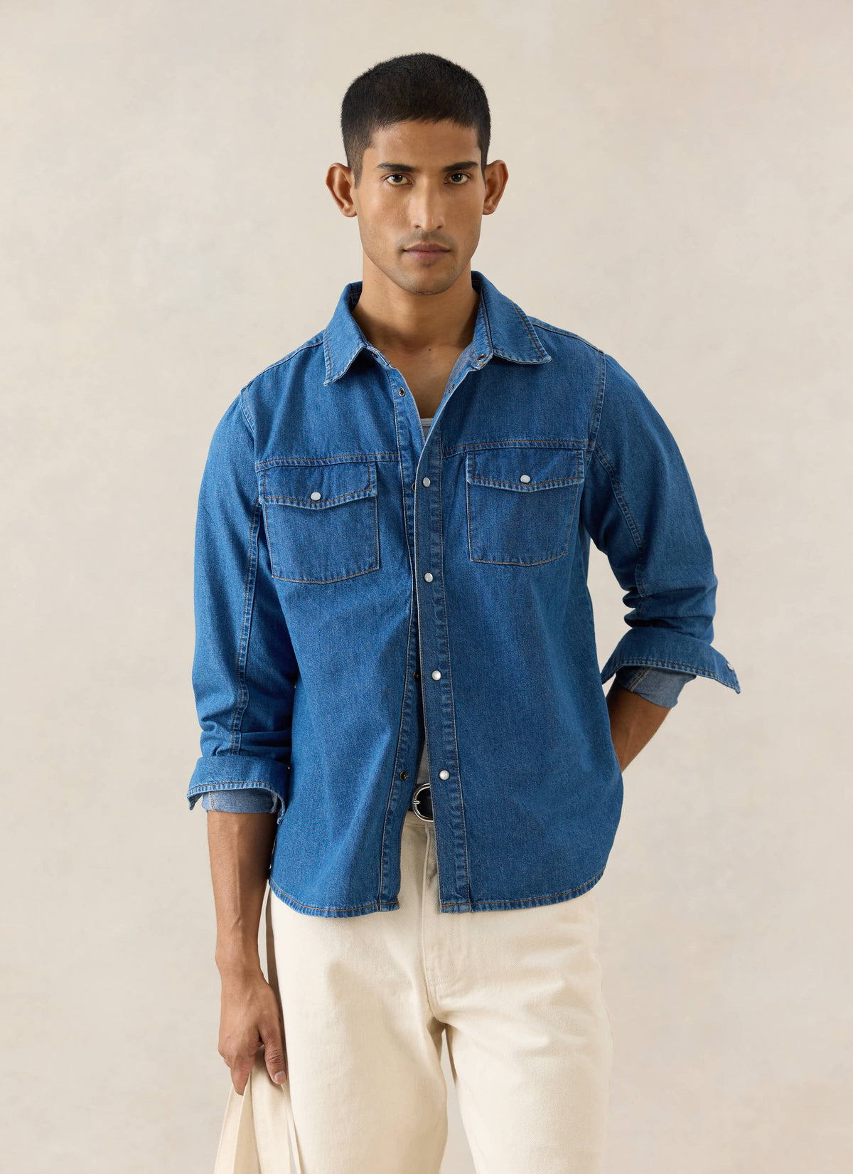 Men's Denim Western Shirt - Cotton - Mid Wash Blue - Percival