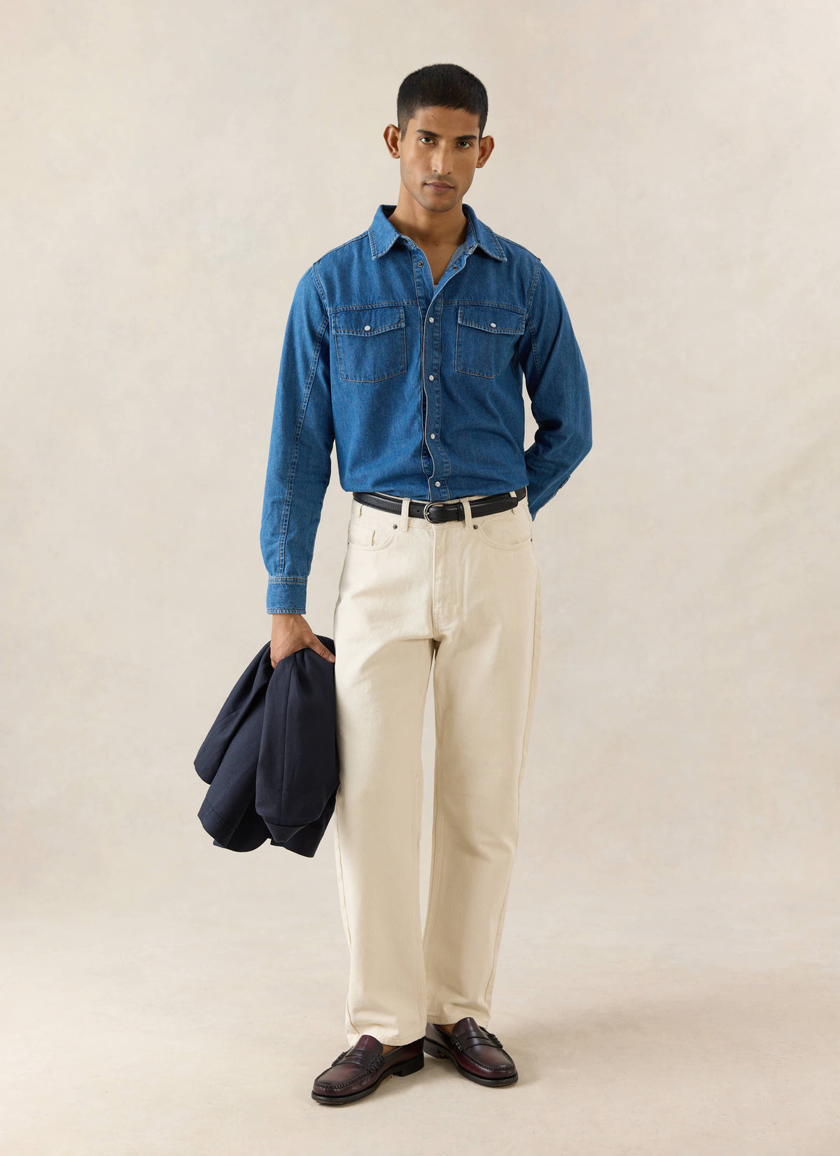 Men's Denim Western Shirt - Cotton - Mid Wash Blue - Percival