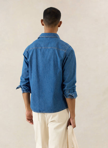 Men's Denim Western Shirt - Cotton - Mid Wash Blue - Percival