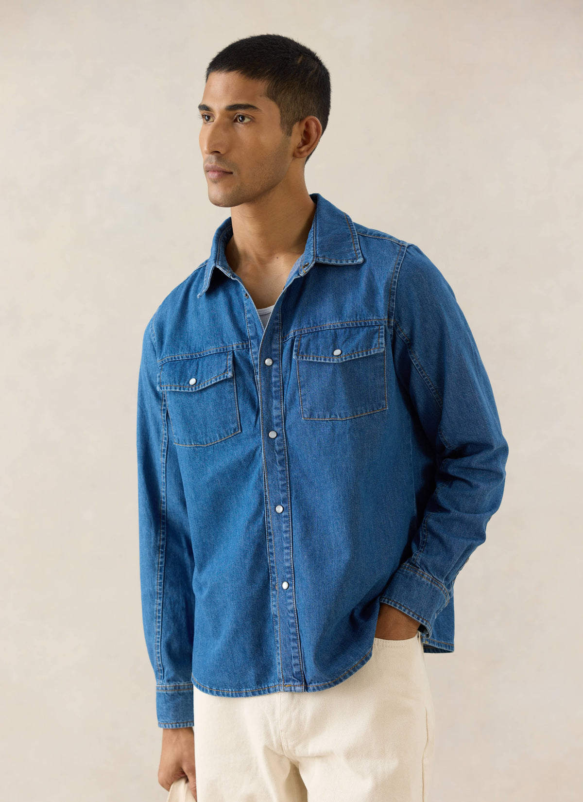 Men's Denim Western Shirt - Cotton - Mid Wash Blue - Percival