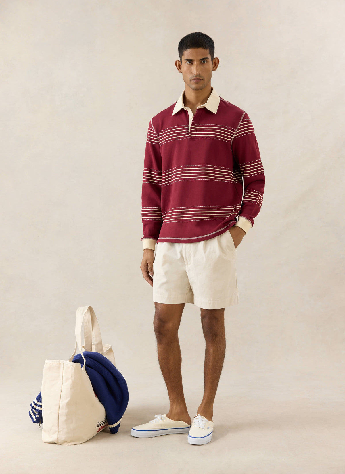 Men's Editor Striped Rugby Polo - Burgundy - 100% Cotton