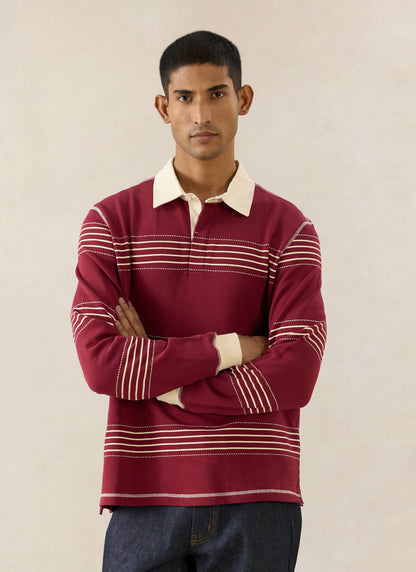 Men's Editor Striped Rugby Polo - Burgundy - 100% Cotton