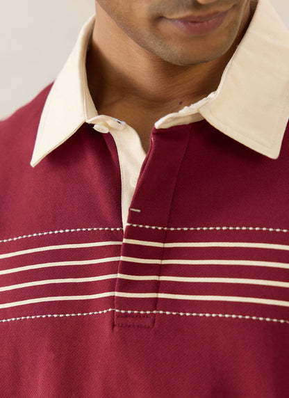 Men's Editor Striped Rugby Polo - Burgundy - 100% Cotton