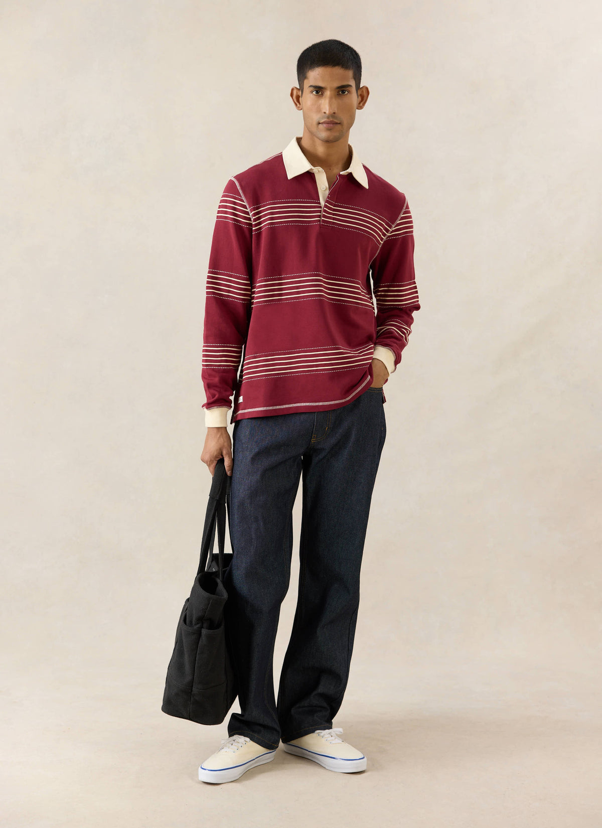 Men's Editor Striped Rugby Polo - Burgundy - 100% Cotton