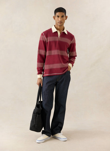 Men's Editor Striped Rugby Polo - Burgundy - 100% Cotton