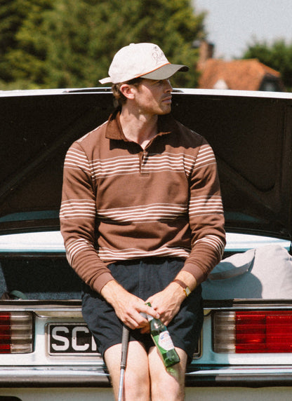 Men's Long Sleeve Rugby Polo Shirt - Cotton - Brown Stripe - Percival