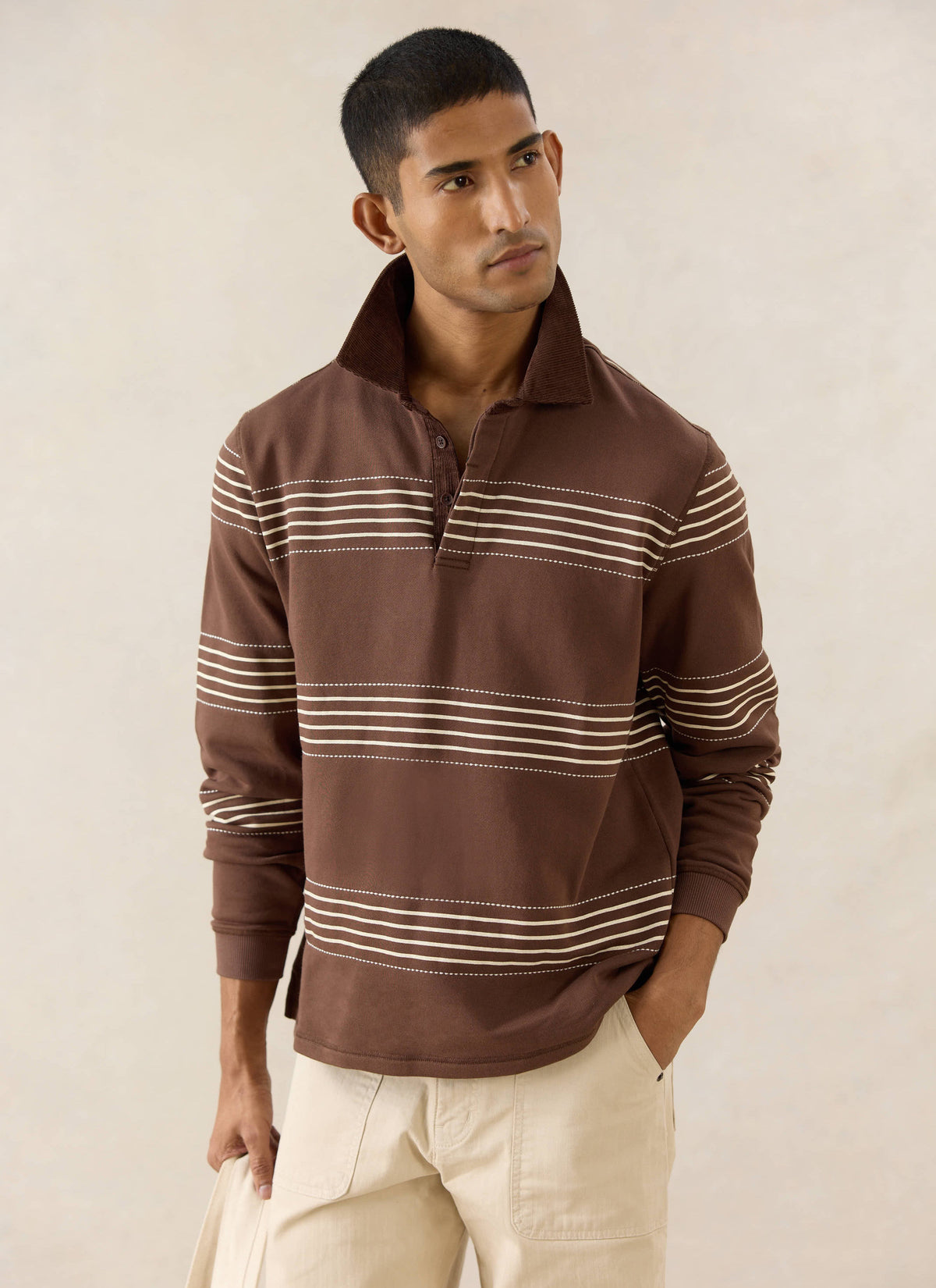 Men's Long Sleeve Rugby Polo Shirt - Cotton - Brown Stripe - Percival