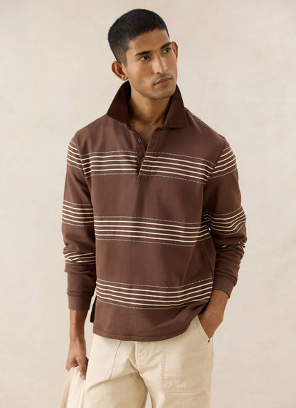 Men's Long Sleeve Rugby Polo Shirt - Cotton - Brown Stripe - Percival