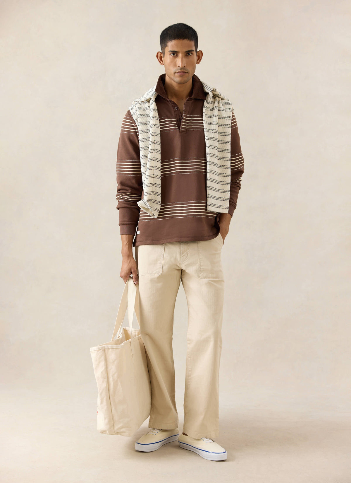 Men's Long Sleeve Rugby Polo Shirt - Cotton - Brown Stripe - Percival