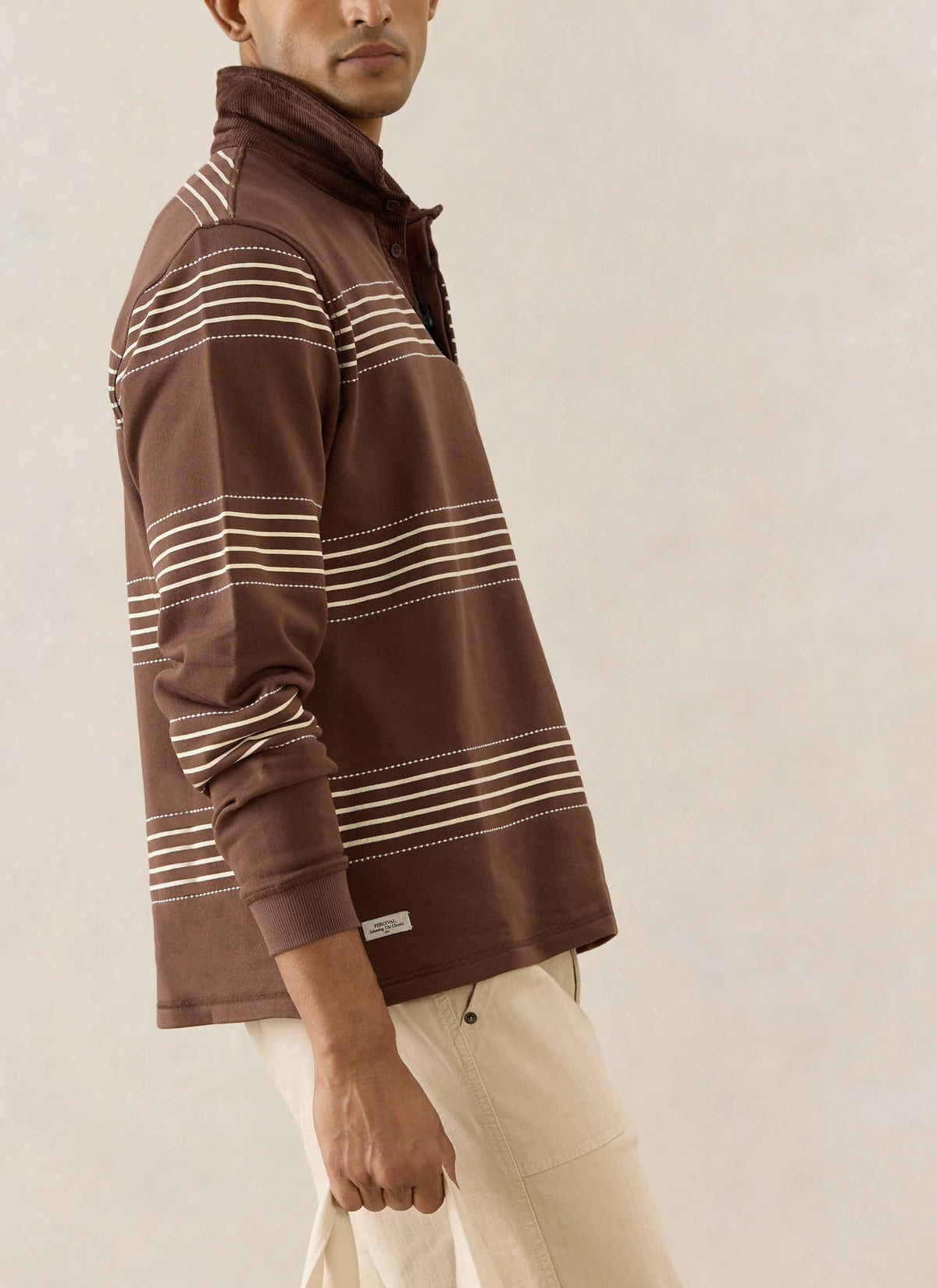 Men's Long Sleeve Rugby Polo Shirt - Cotton - Brown Stripe - Percival