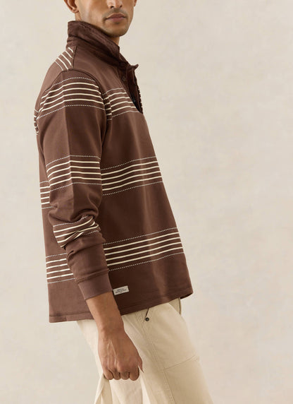 Men's Long Sleeve Rugby Polo Shirt - Cotton - Brown Stripe - Percival