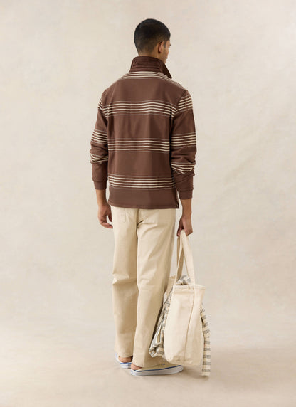Men's Long Sleeve Rugby Polo Shirt - Cotton - Brown Stripe - Percival