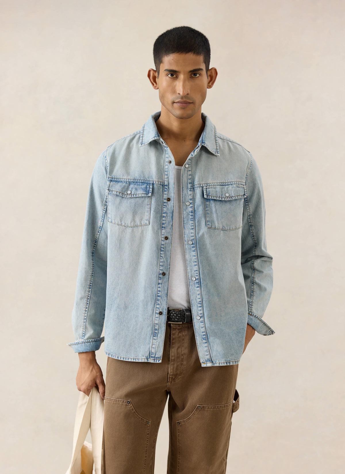 Men's Denim Western Shirt - Cotton - Stone Wash