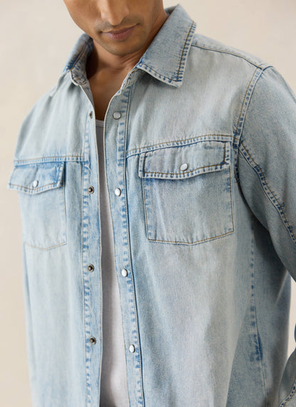 Men's Denim Western Shirt - Cotton - Stone Wash